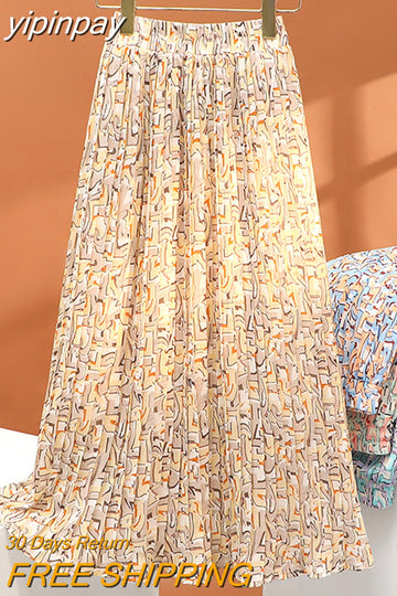 yipinpay 2023 Korean Stylish Pleated Skirts for Women Fairy Spring Summer Midi Skirt Ladies Printed Slim A-line Faldas Female